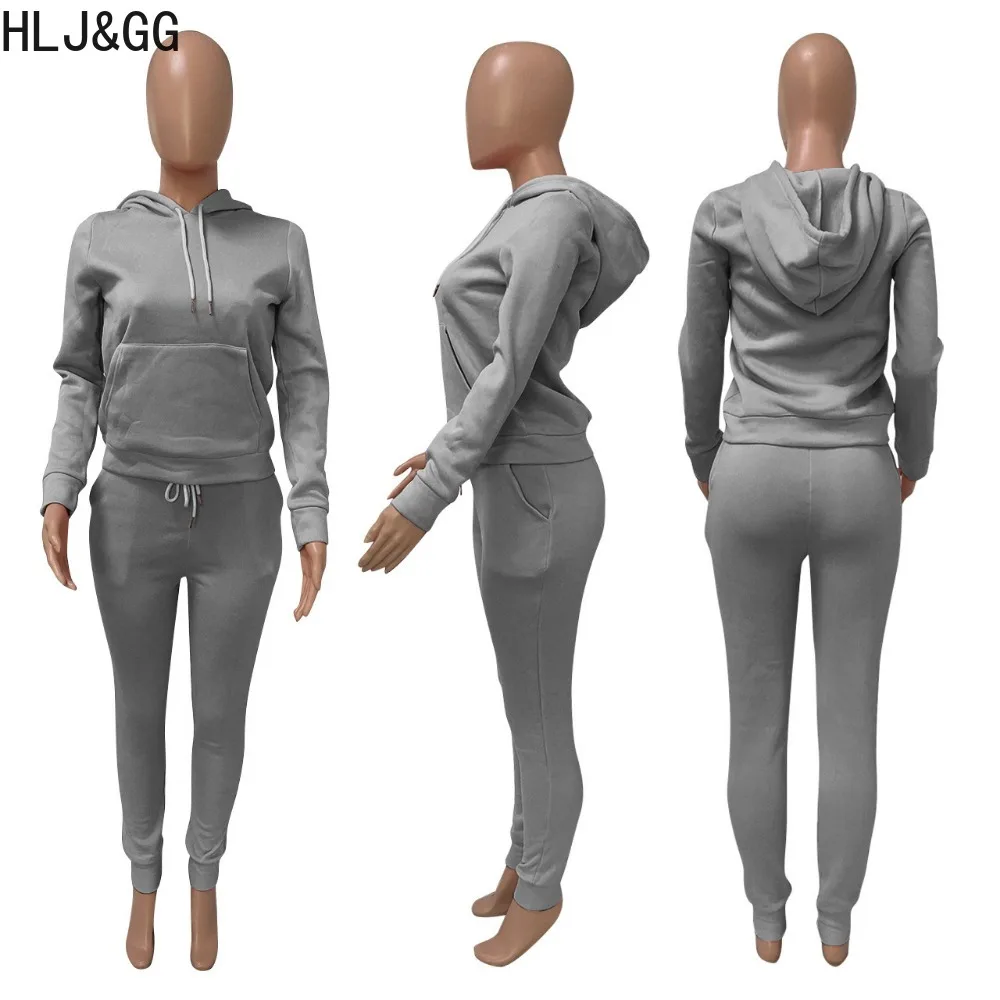 HLJ&GG Autumn Winter Solid Hooded Sporty Two Piece Sets Women Long Sleeve Sweatshirts And Jogger Pants Outfits Casual Tracksuits