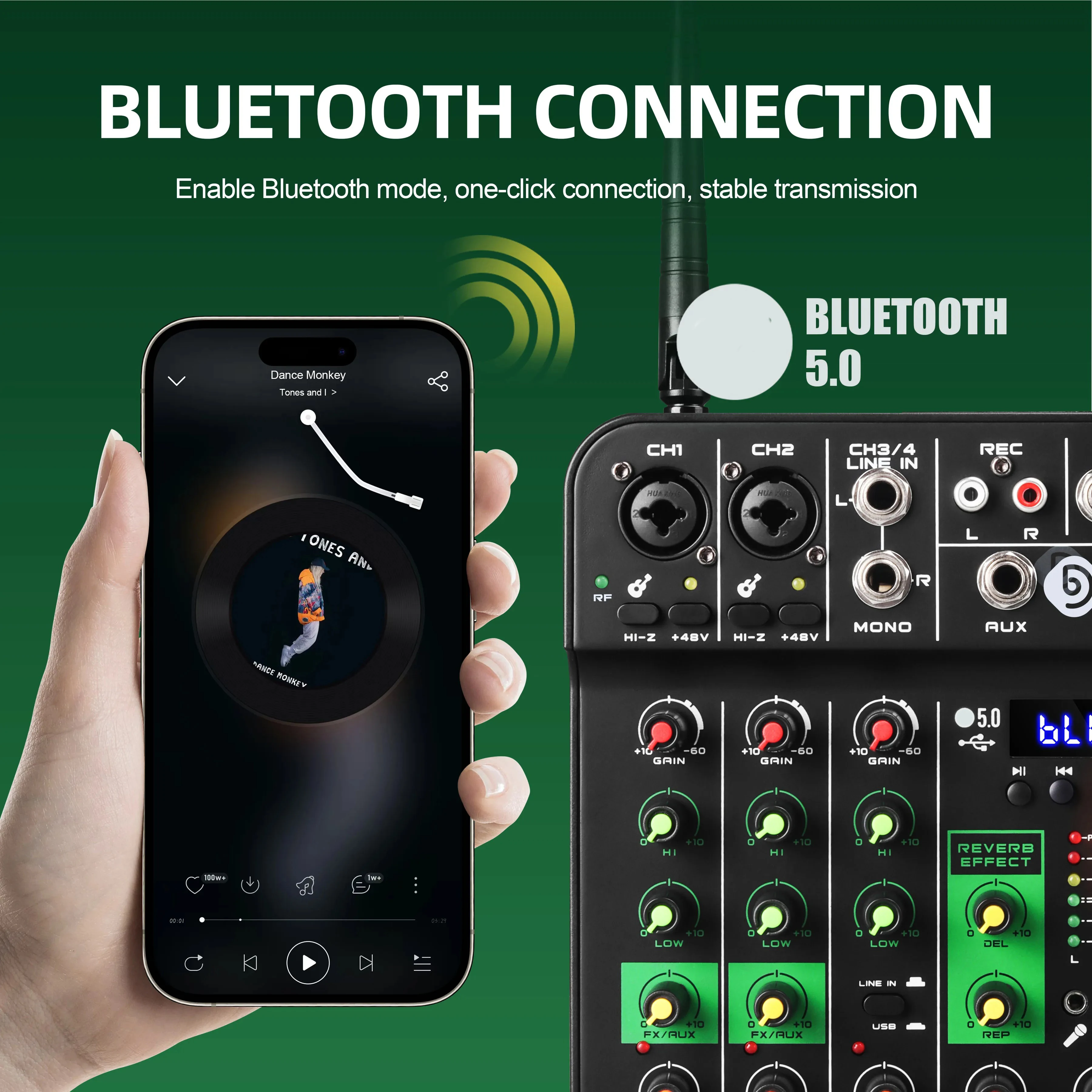 4채널 오디오 믹서 DJ 컨트롤러, 블루투스 5.0, USB 레코딩, 48V 팬텀 파워, DSP 리버브 딜레이 효과, 노래방, 결혼