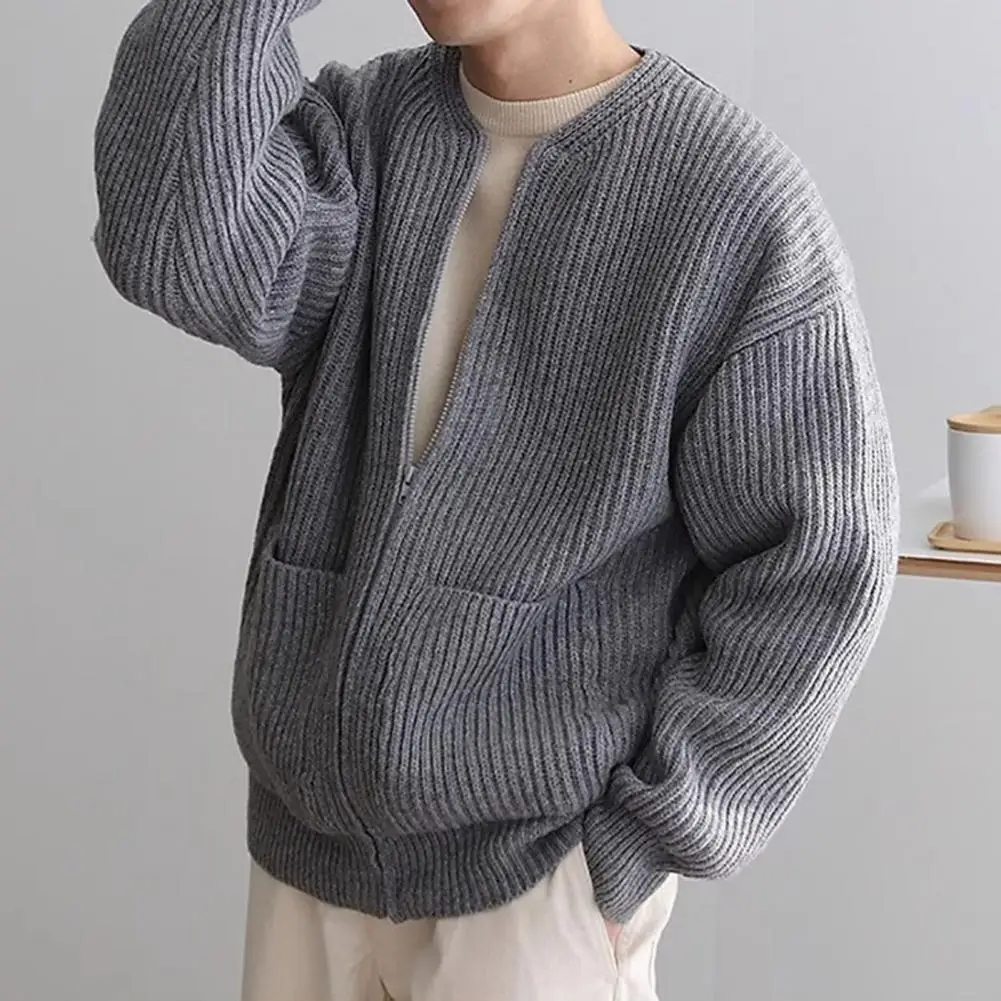 

Autumn Winter Solid Color Simple Cardigan Coat Hombre Round Neck Zipper Pocket All-match Knitted Top Male Outwear Female Clothes