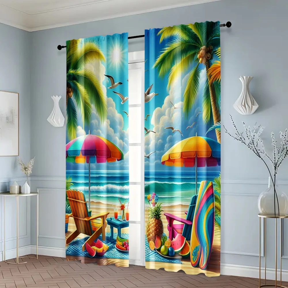 2pc,  Curtains Tropical Beach Surfboard Versatile Polyester,Without Electricity Birthday Party Applies to Parties and Everyday 6