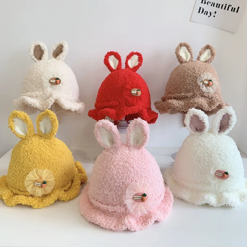 Baby Hat Winter Rabbit Ears Bucket Hat Cute Thickened Boys And Girls Warm Windbreak Outdoor Baby Lamb Wool Warm Hat Solid Color