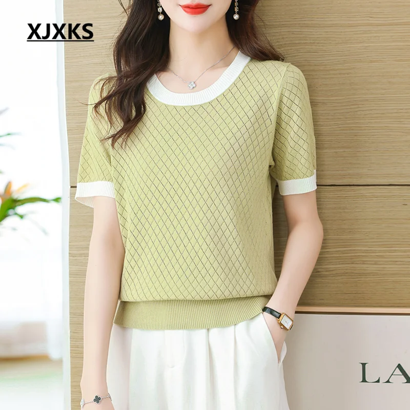 

XJXKS 2023 Summer New Fashion Diamond Plaid Women's T-shirt High-end Mulberry Silk Knit Pullover Ladies Short-sleeved Tops