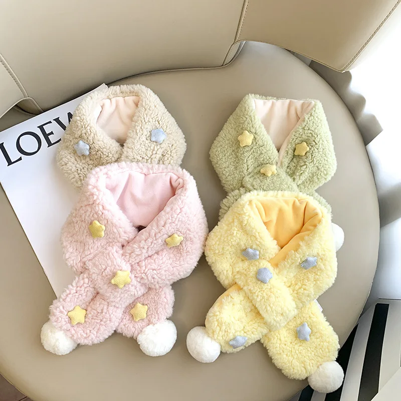 

Cute Star Plush Scarf For Kids Autumn Winter Warm Scarves Boys Girls Fashion Pompom Crossing Scarf Children 2023 bufanda