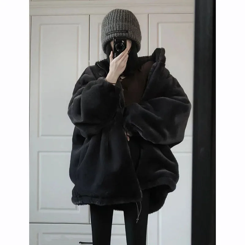 

Winter Faux Rabbit Fur Women Jacket Fashion Korean Long Sleeve Stand Collar Warm Plush Coat Y2K Loose Streetwear Black Outwear