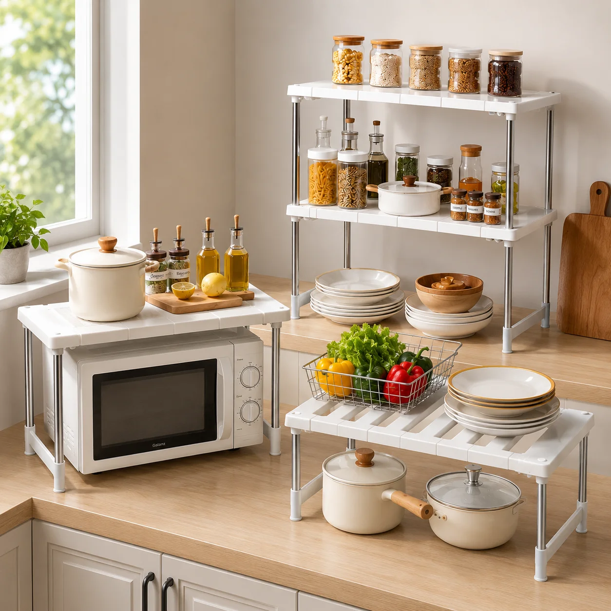 White Kitchen Pantry and Countertop Organizer Shelf
