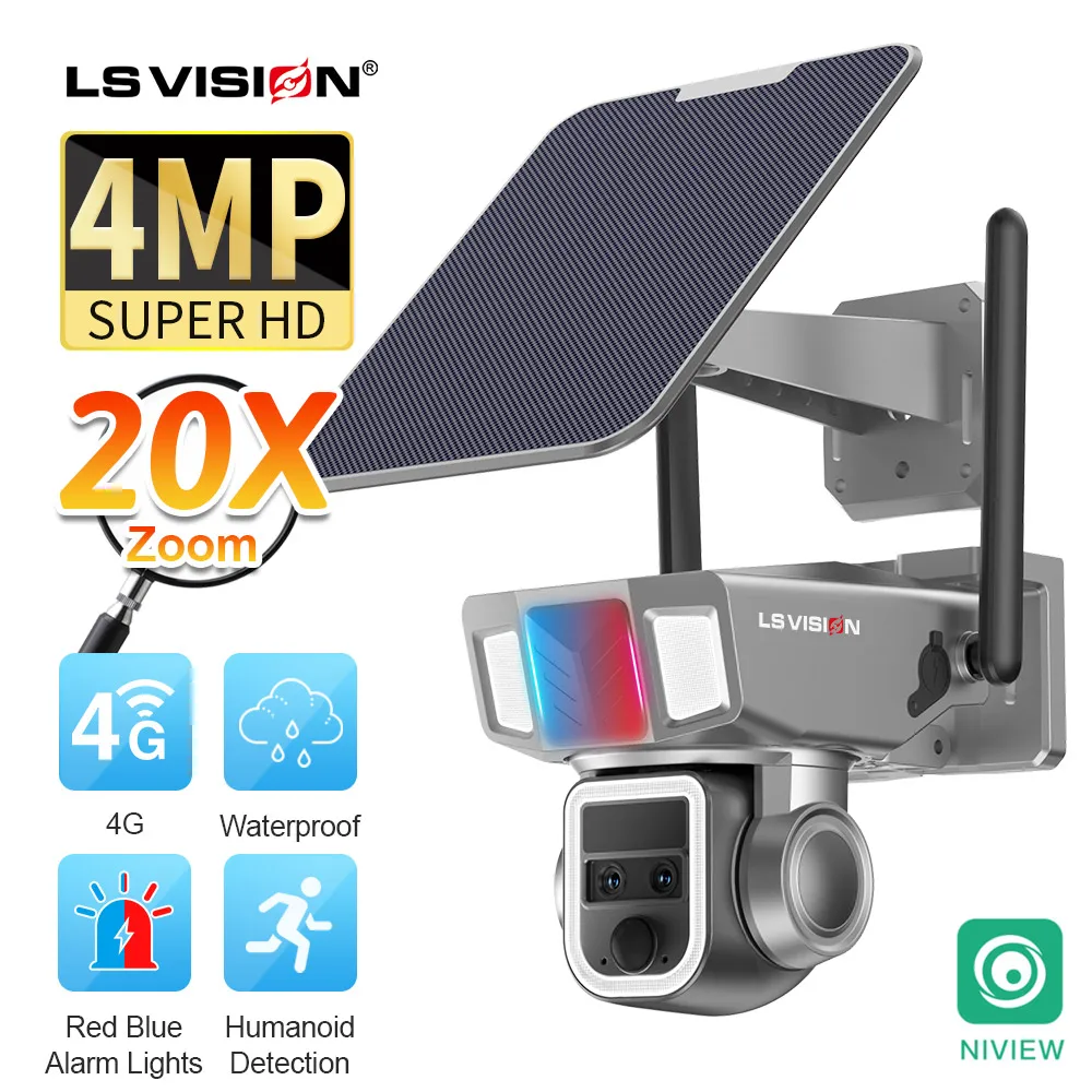 

LS VISION 20X Zoom 4G Solar Security Camera Wireless Outdoor 2K 4MP Dual Lens Red Blue Light Alarm Auto Tracking P2P CCTV Camera