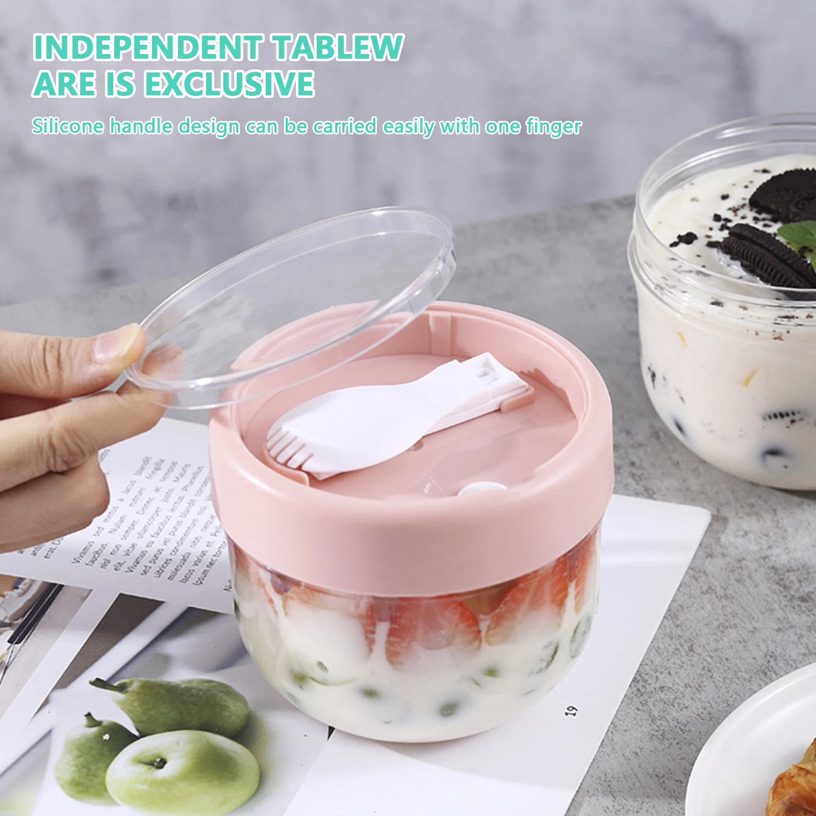 Overnight Oats Container With Lid Foldable Spoon Portable Yogurt Oatmeal Container Jar for Students Food Storage Container 4