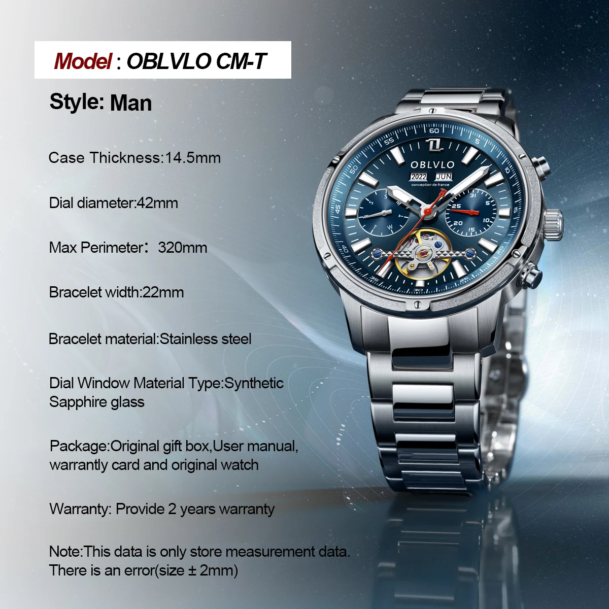 Orologio Uomo OBLVLO Meccanico Automatico - Acciaio 316L, Vetro Zaffiro, Data, Impermeabile 50m
