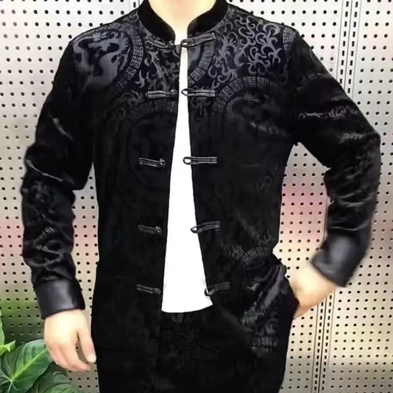 

Chinese Autumn Winter men's Tangsuits Hanfu Chinese Style Handmade Button Top And Pants two-piece Set Vintage Daily Coat