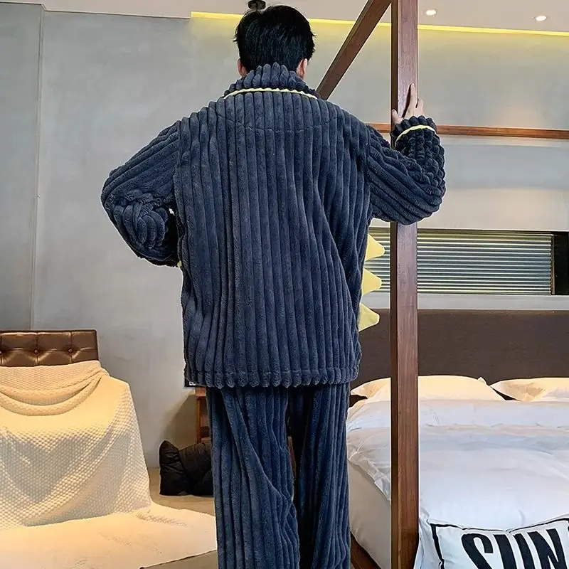 Men Coral Velvet Pajamas Winter Men Fleece-lined Thickened Thermal Flannel Homewear Youth Cartoon Casual Nightclothes Suit 2024