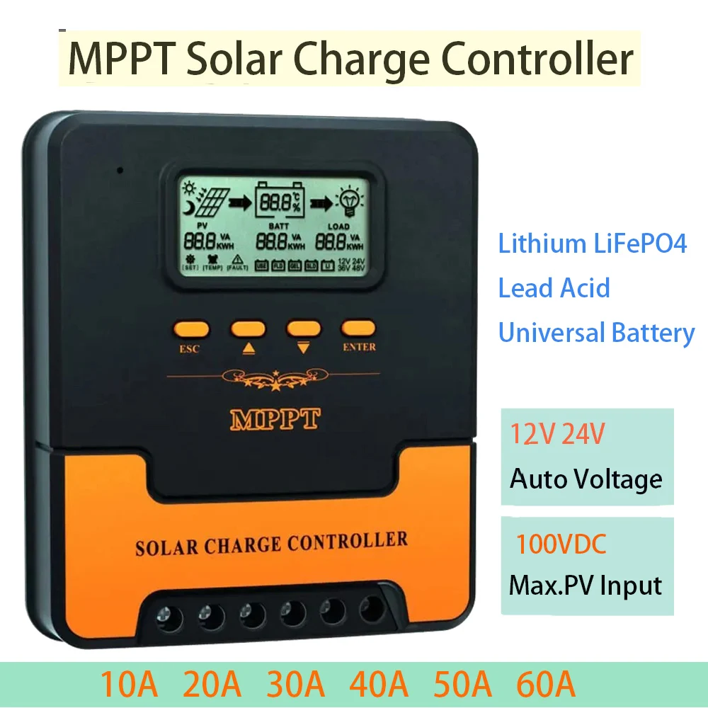 MPPT Solar Auto Charger Controller 10A/20A/30A/40A/50A/60A 12V 24V Smart PV Regulator for LiFePO4 Lithium GEL Lead Acid Battery solar charger battery charger solar battery charge controller