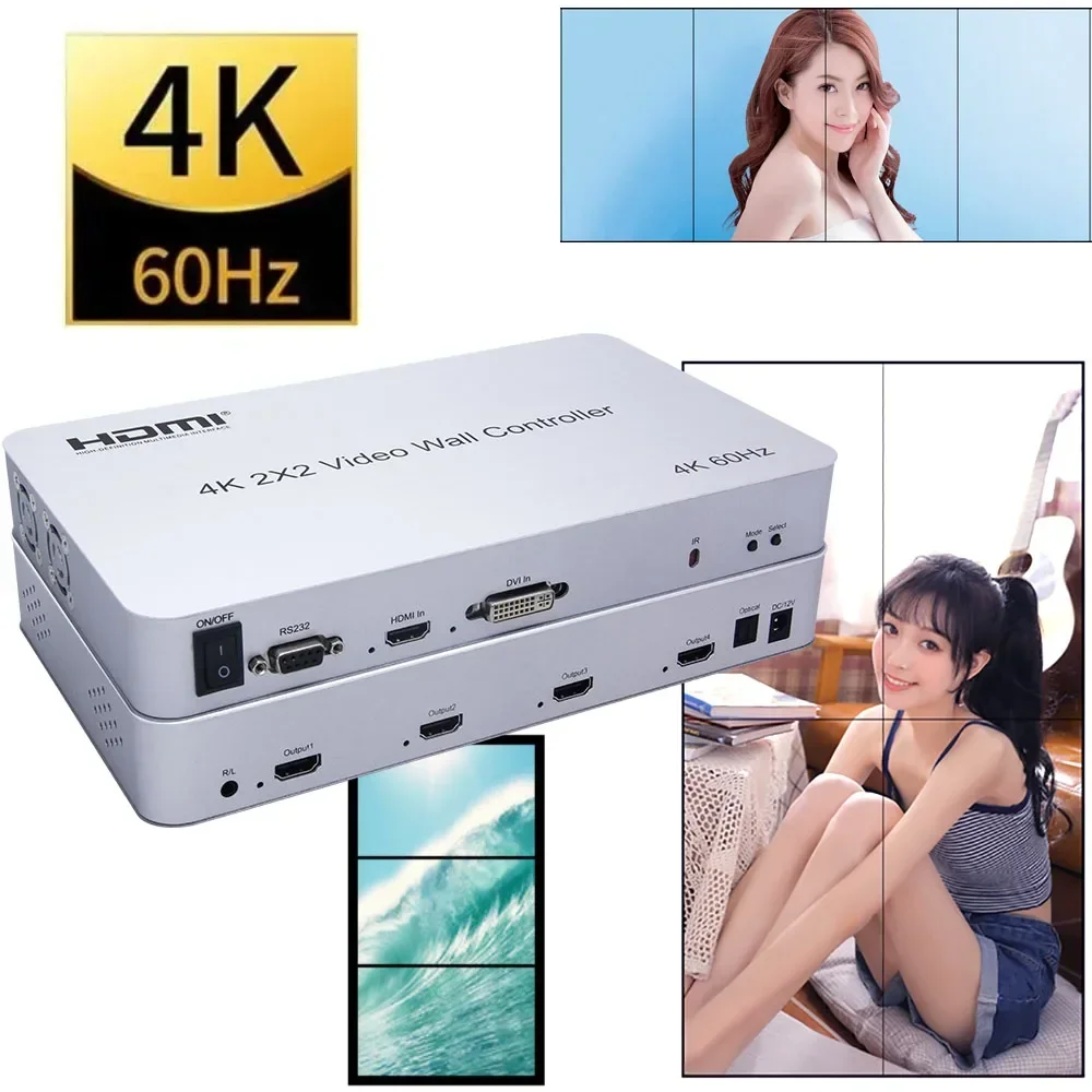4K 60Hz 4 Unità 2X2 Dvi Hdmi Video Wall Controller 1 X2 1 X3 1X4 Schermo Verticale Display Tv Wall Processor 90 ° 180 ° Ruota Rs232