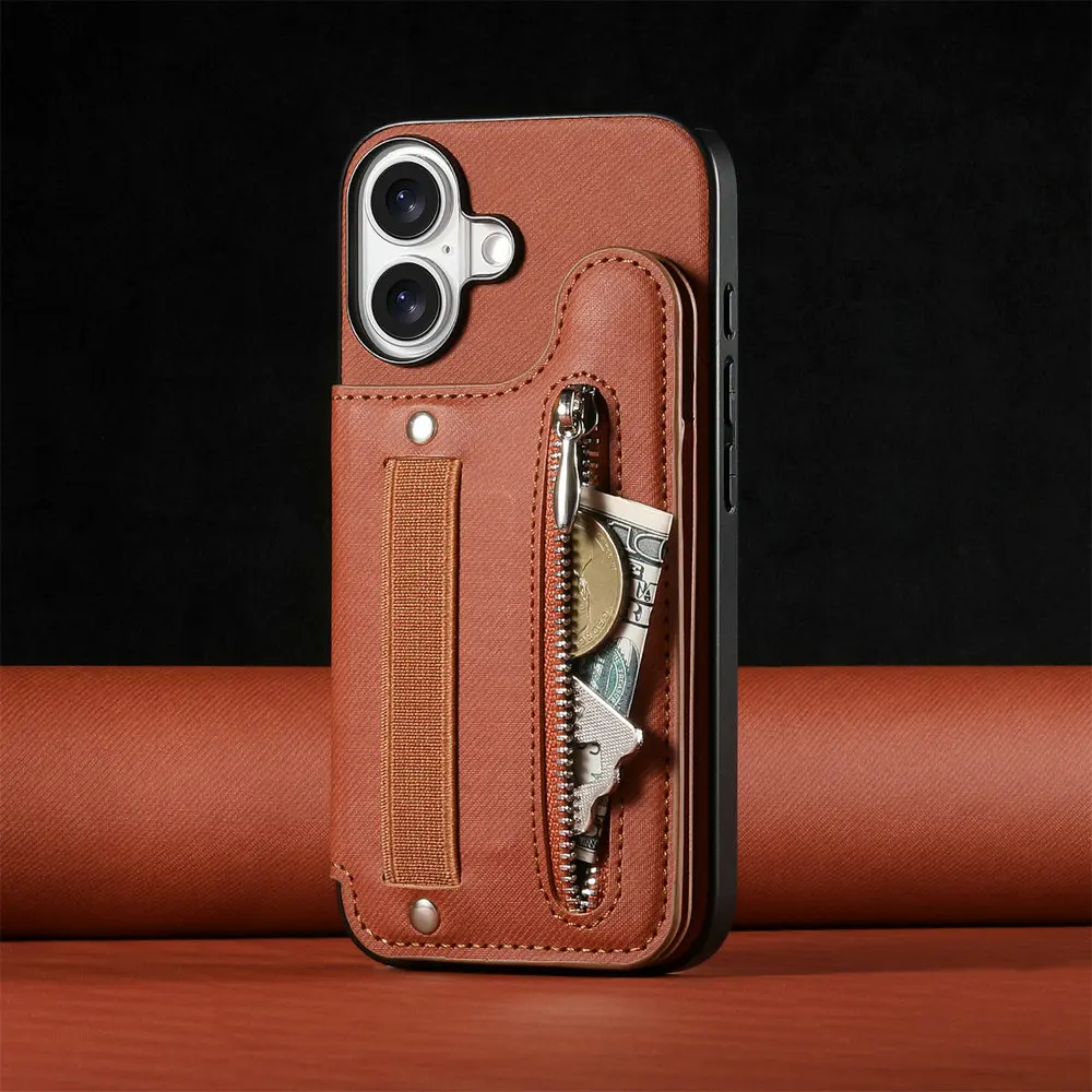 Luxury RFID Leather Flip Case with Zipper Card Holder and Elastic Strap
