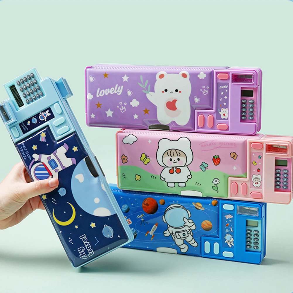 Creative Multi-functional Plastic Stationery Box for Primary School Students Double-sided Magnetic Pencil Calculator Sharpener