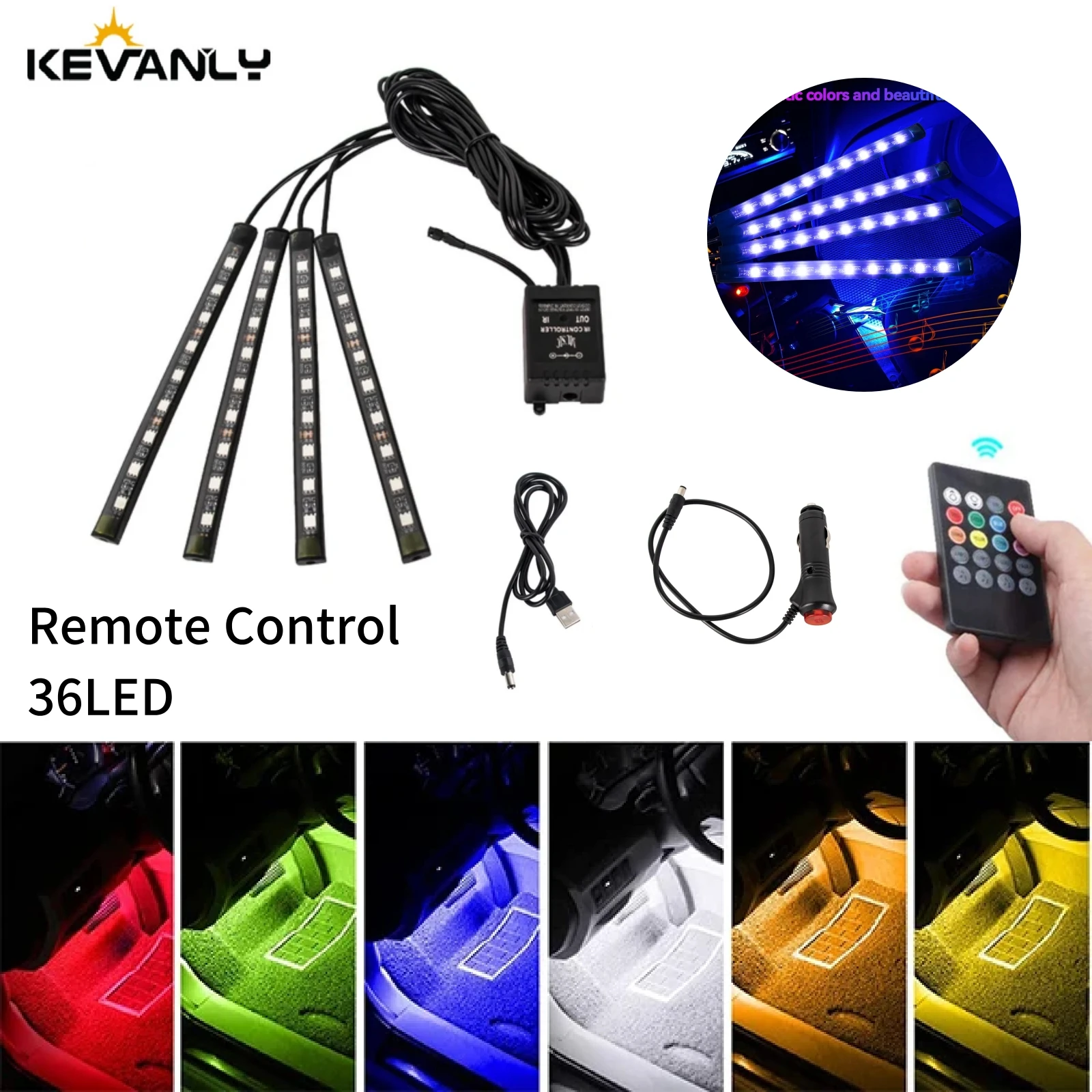 4 in 1 Neon 36LED LED Car Interior Ambient Foot Light USB Wireless Remote Music Control Auto RGB Atmosphere Decorative Lamp