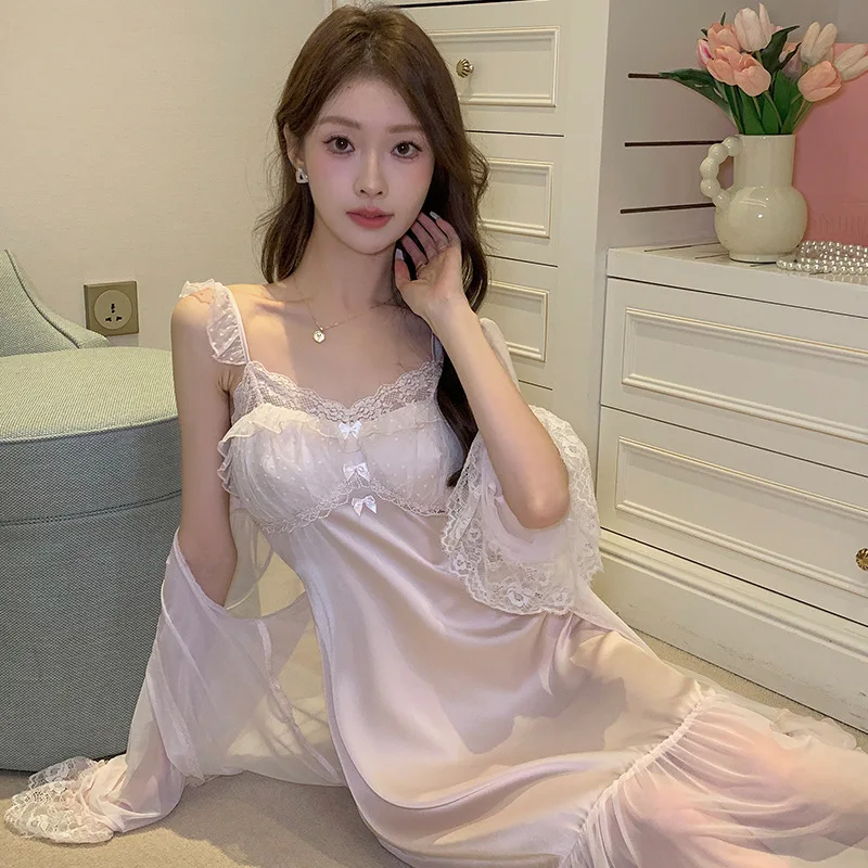 

2pcs Sexy Night Dress Women French Palace Style Lace Pajamas Hollow Out Sling Maxi Nightdress Long Sleeve Lace-up Bathrobe Pjs