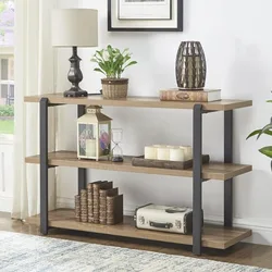 Industrial Console Sofa Table, Rustic Entryway/Hallway Table with 3-Tier Open Shelf for Living Room, Oak