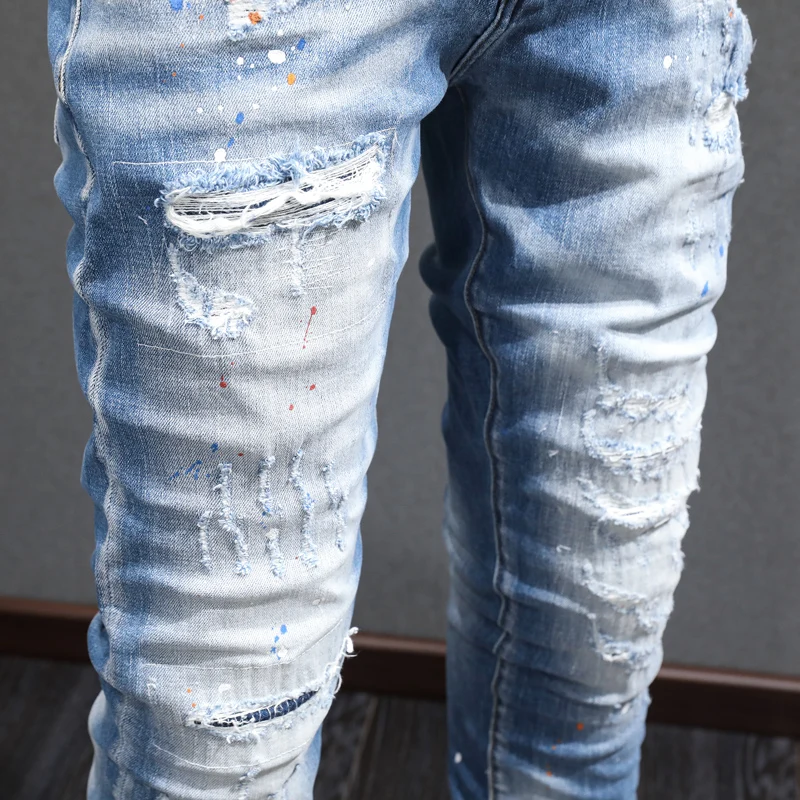 High Street Fashion Men's Patched Jeans Vintage Light Blue Elastic Tight Split Jeans Men's Designer Vintage Denim Pants Hombre