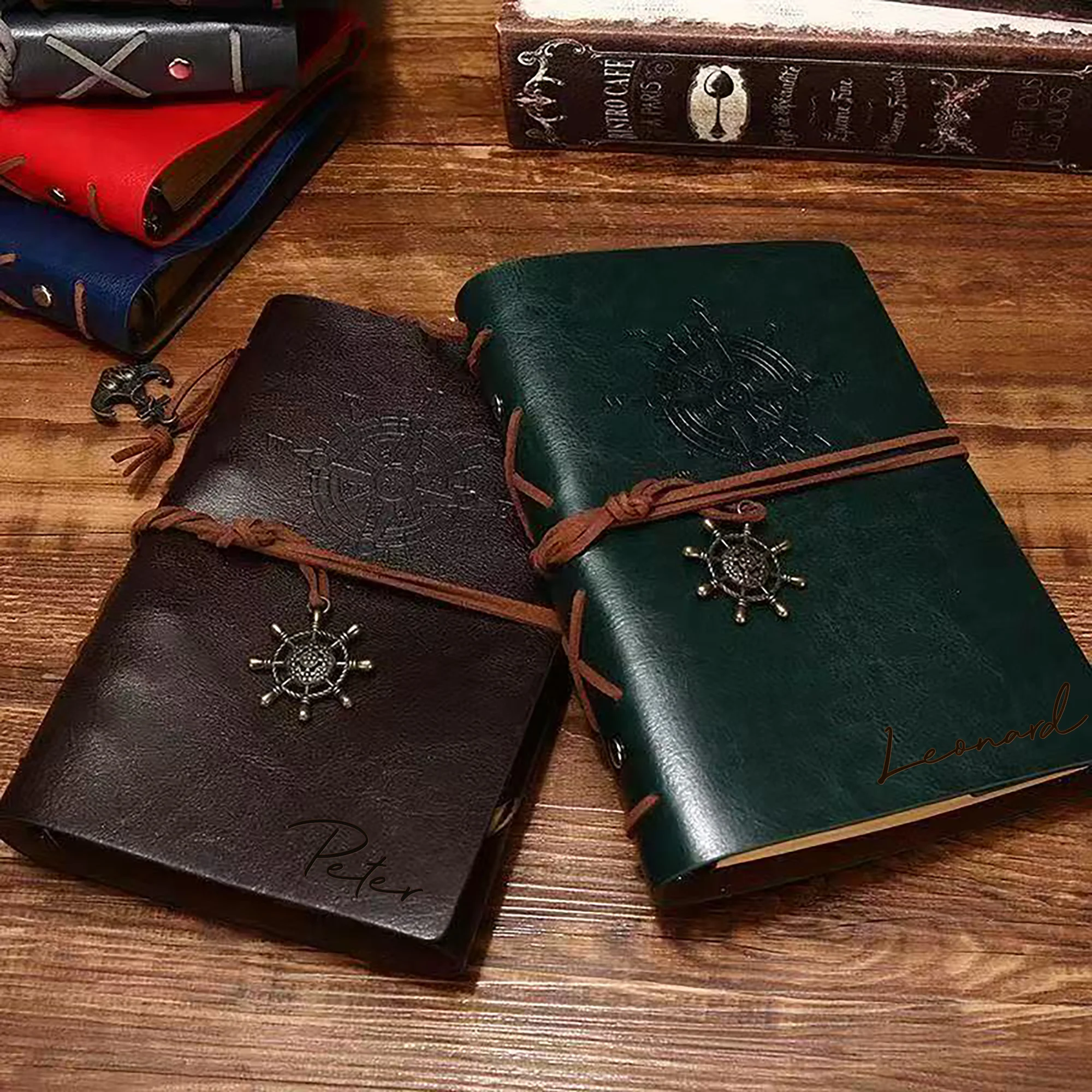 개인 맞춤형 A7 노트북 레이저 각인 DIY 이름 빈티지 해적 테마 인조 가죽 노트북 나침반 스티어링 휠 포함