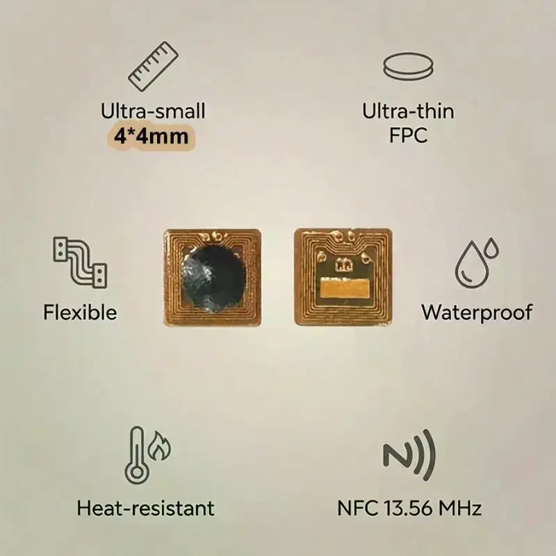 프로그래밍 가능한 4*4mm 마이크로 FPC NFC RFID 태그 스티커 Ntag213 1mm 판독 범위, 출입 통제 및 공급망 관리용