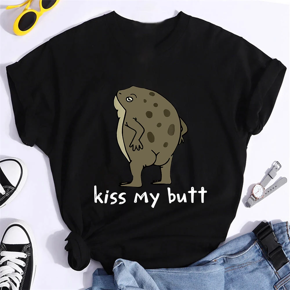 

Kiss My Butt Cartoon Funny Frog Print T Shirt Tops Summer Casual Women T-Shirt O Neck Streetwear Kawaii Anime Tshirt