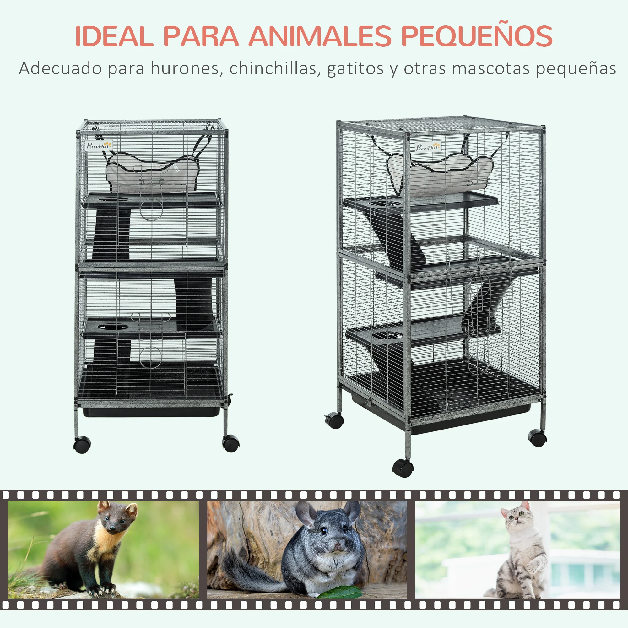 PawHut Jaula Grande Para Roedor 80x52x128 Cm Casa De 4 Alturas Con Rampas Hamaca Colgante Bandeja Extrau00edble Y Ruedas Gris - AliExprs