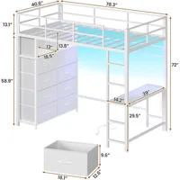 Twin Loft Bed with Desk & 8 Drawers Tall Dresser, Metal Loft Bed with LED Lights & Charging Station, 2-Tier Storage Shelves, Sta 2
