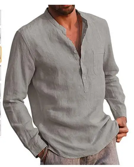 Plus Size Men Cotton Linen Long-Sleeved Shirts Summer Solid Color Stand-Up Collar Casual Beach Style linen shirt