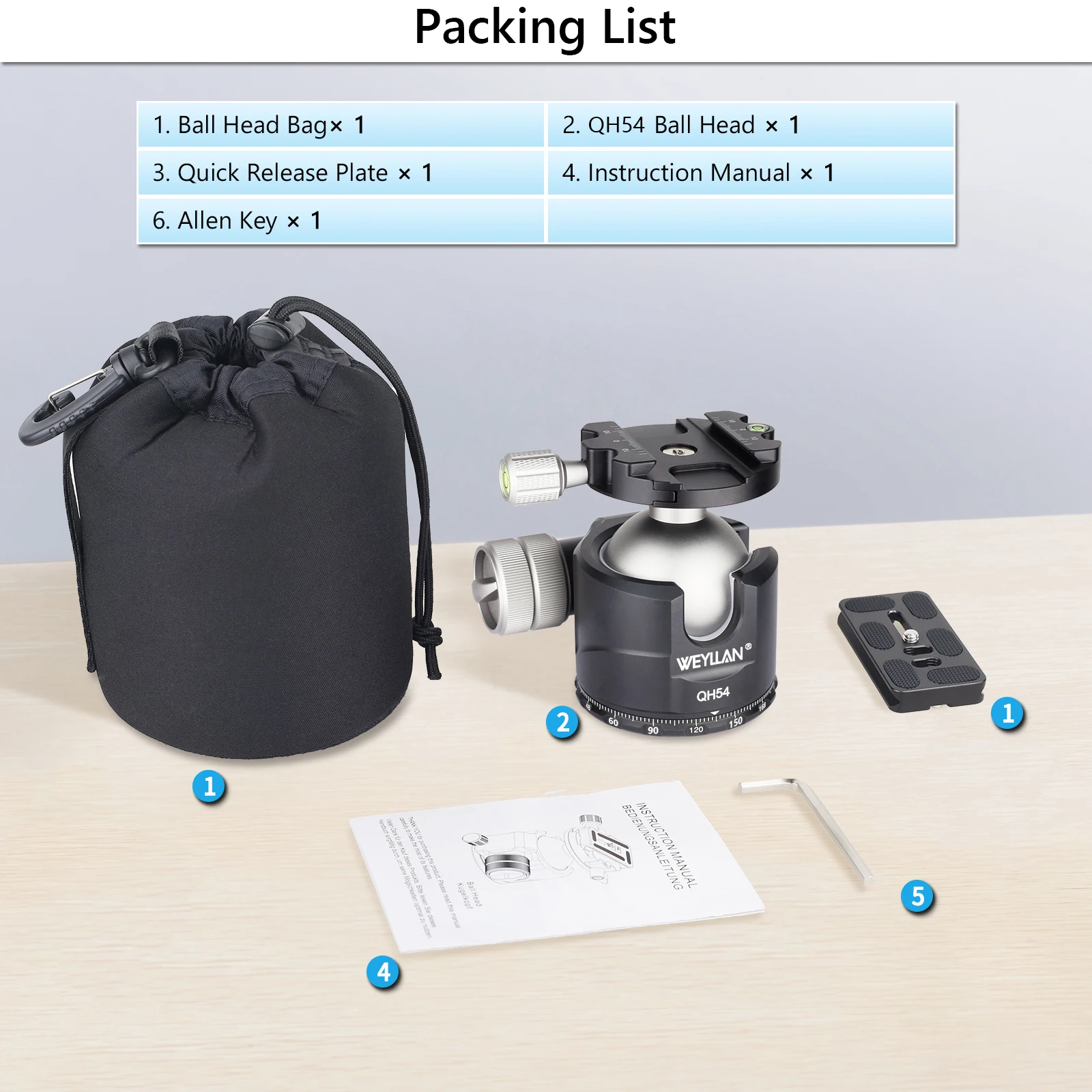 QB54 Tripod Head Professional 54mm Heavy Duty Metal Ball Head 360° Panoramic Cam