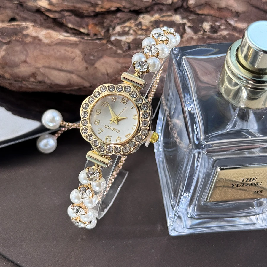 French Romantic Pearl Slide-On Bracelet Watch for Women with Flower Diamond Inlay Fashion Quartz Timepiece Lady's Accessory - 3