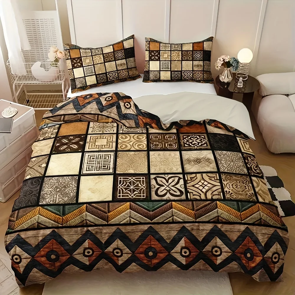 3Pcs Retro Tribal Geometric Patchwork Duvet Cover Set, HD Printing All Season Bedding with Pillowcases for Home Dorm Decor