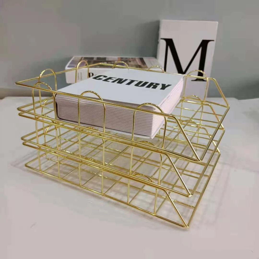 Nordic Golden Metal Stackable Desk File Rack Iron Document Paper Trays Storage Basket Desktop Book Shelf Stationery