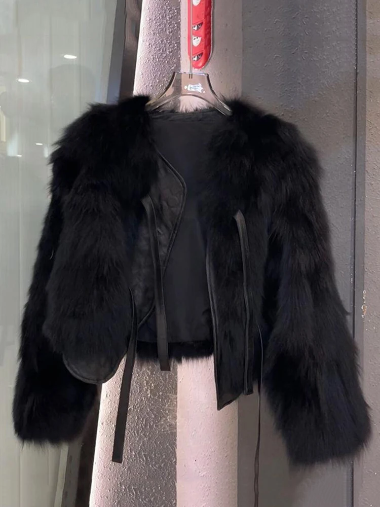ジャケット・アウター Y2K L.A short length fake fur jacket Thick Faux Fur Crop Coat Women Y2K Fashion Streetwear Lace Up