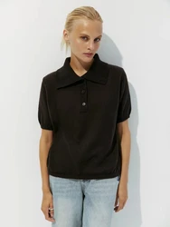 Wolfeel Summer Polo Collar Hollow Knit Bubble Sleeve Women's T-Shirt - S (Black)