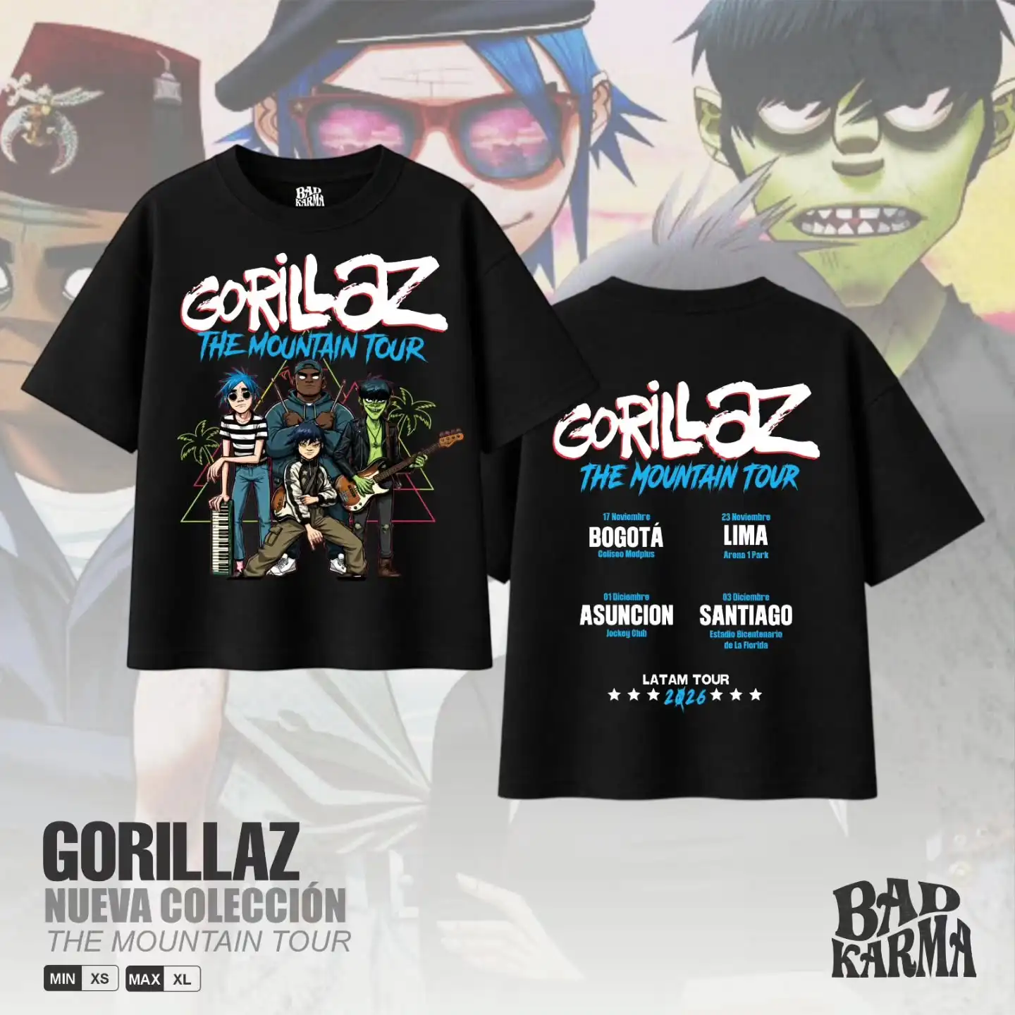 Gorillaz The Mountain Tour Unisex Lateinamerikanische Tour Rockmusik Cartoon-Stil Streetwear Casual T-Shirt