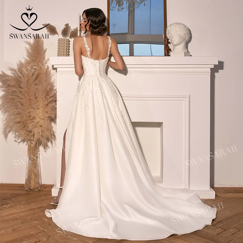 Satin Sleeveless Wedding Dress 2025 Chic Appliques Split A-Line customized Princess Vestido De Novia SwanSarah N400 Bride Gown 2