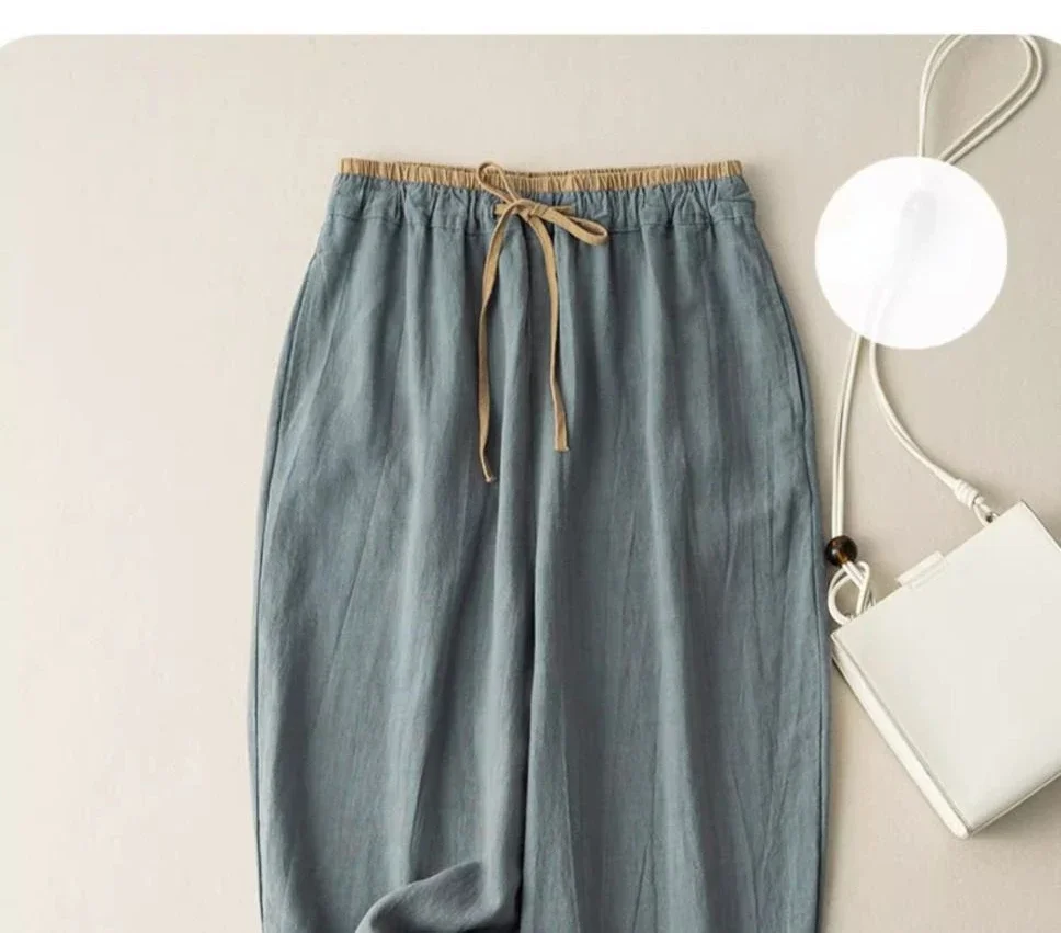 Description Picture 3 of itemElastic Drawstring Waist Casual Pants Summer Retro Cotton Linen Loose Harem Pants Basic Versatility Wide-leg Ankle-Length Pants