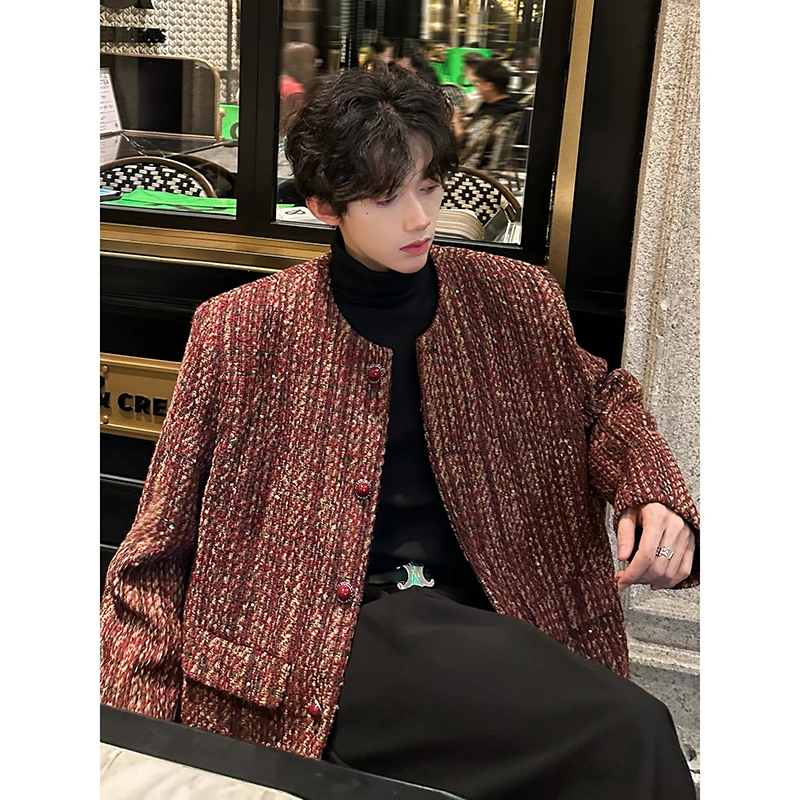 Round Collar Tweed Blazers Cardigan Men's Autumn Collarless Short Jacket Korean Style Chic Fashion Elgance Coat Handsome Jackets