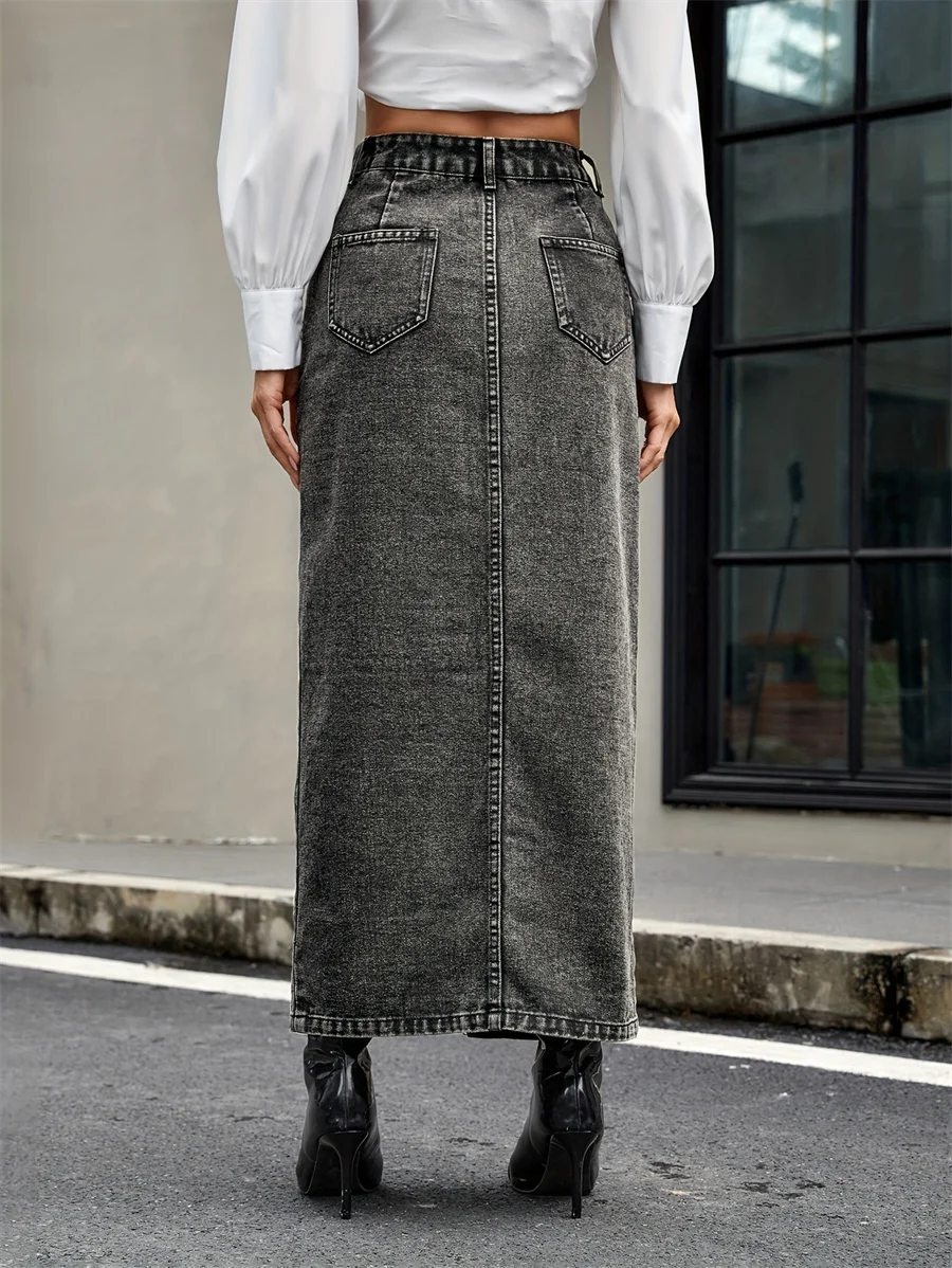 Benuynffy American Streetwear Button Front Denim Skirt Women's Autumn New Retro Fashion High Waist Straight Jean Long Skirts 2