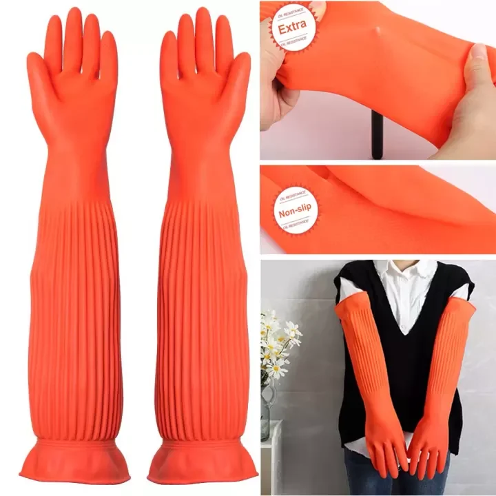 Household Long Rubber Gloves 1 Pair Waterproof Cleaning Gardening Non-slip Reusable Washable