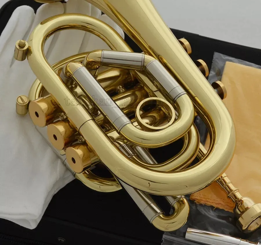 Professional new Bb Pocket Trumpet Gold horn Monel Valves With 2 Mouthpiece Case
