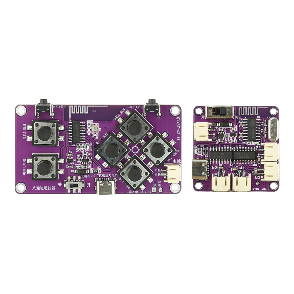 Kit complet étalé : émetteur, récepteur, antennes et accessoires du kit télécommande 8 canaux 100m pour robot tank RC bricolage.