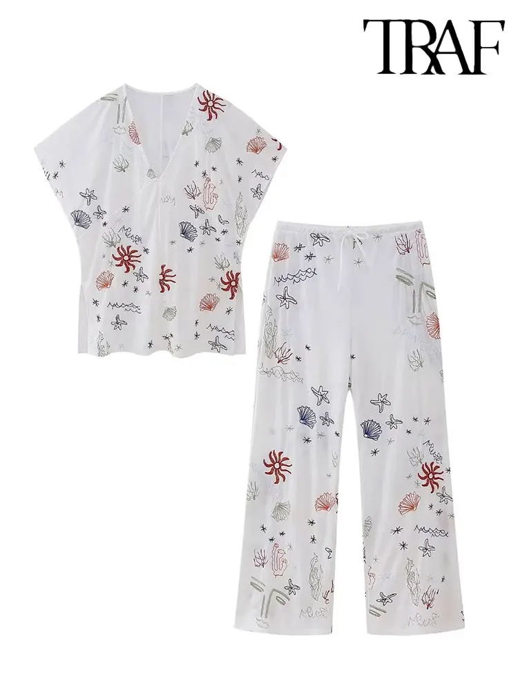 

TRAF 2023 Summer Women 2 Pieces Sets Fashion Contrast Embroidery Blouse Tops + High Waist Wide Leg Long Pants Causal Slim Sets