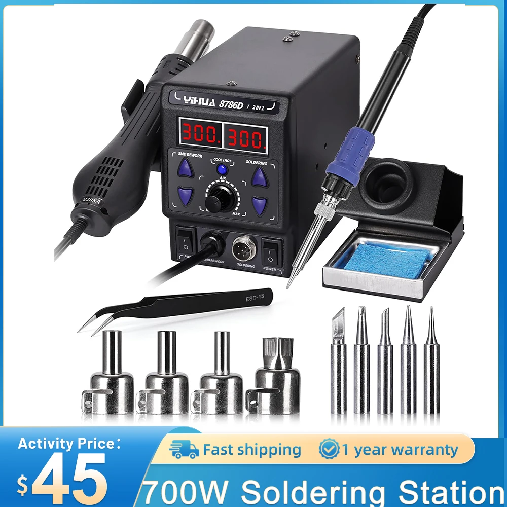 

700W Soldering Station Hot Air Soldering Iron, 2 in 1 Soldering Iron for Desoldering Hot Air Station 200~480°C Adjustable Temper