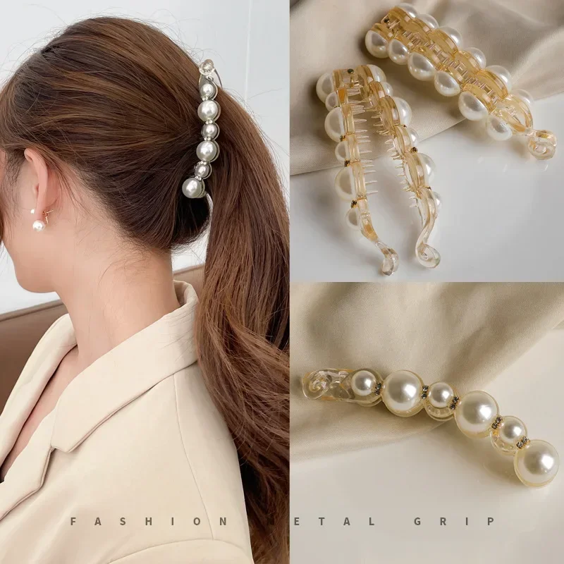 Pince à cheveux banane perle, accessoire de coiffure, pince banane perle verticale, pince torsadée, élastique à cheveux, style simple_voghion.com