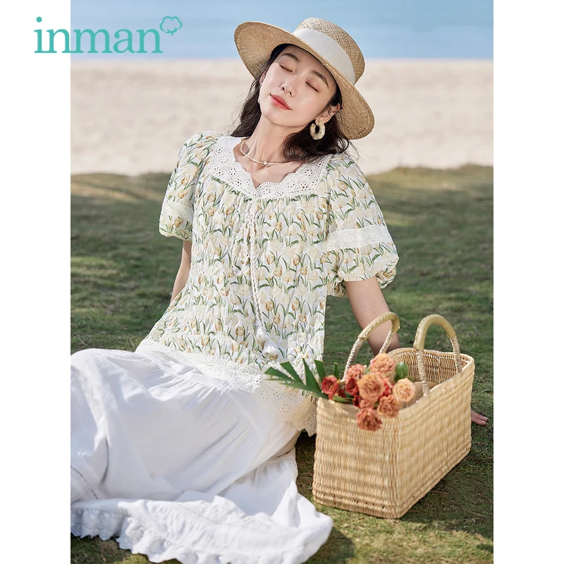 INMAN Women Blouse 2023 Summer Short Sleeve Hollow Lace Square Collar Loose Shirt Floral Print Tassel Decoration Casual Tops ceramic four slot cigar ashtray large square ashtrays european cigarette tobacco accessories living room decoration