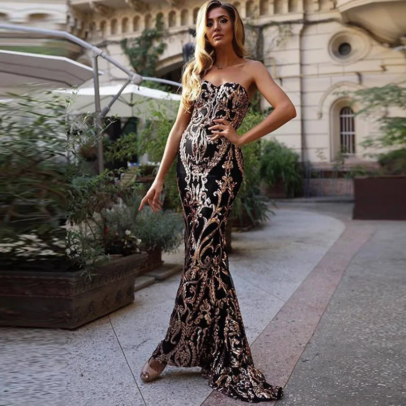 

Zoctuo Sequin Female Elegant Womens Fishtail Dresses Printing Strapless High Waisted Slim Floor Length Prom Party Maxi Dresses