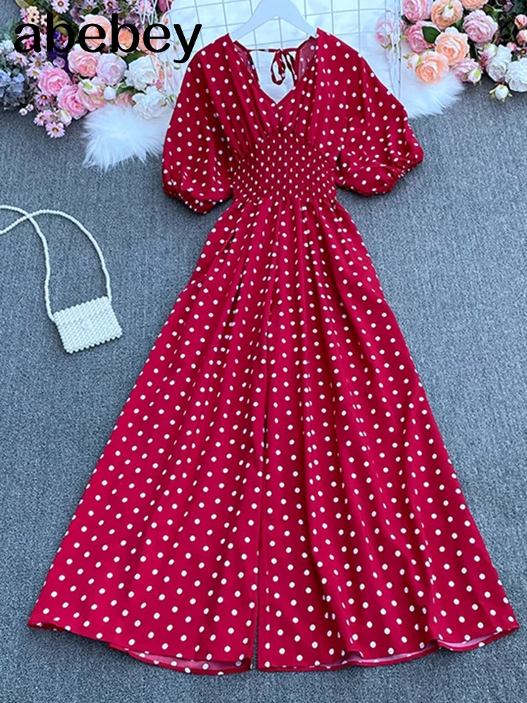 여름 점 휴일 캐주얼 와이드 레그 점프 슈트 V 넥 퍼프 슬리브 허리 탄성 Rompers 루스 비치 롱 playsuits