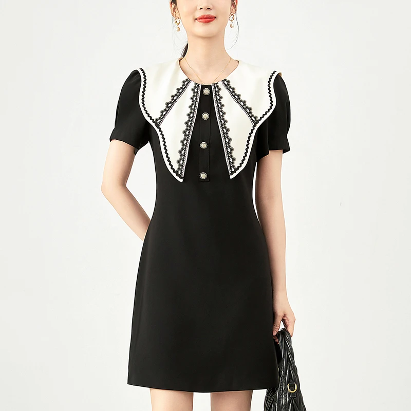 

Лето 2024, элегантные модные платья для женщин, кружевное черное платье в французском стиле с круглым воротником и коротким рукавом, женская одежда