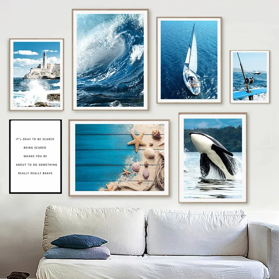 Blue Seascape Ocean Wave Ship Whale Shell Scenery Wall Art Canvas Painting Poster E Stampe Immagini A Parete Per La Decorazione Del Soggiorno